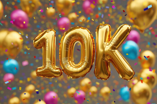 festive celebration with 10k golden foil balloons surrounded by colorful confetti and balloons