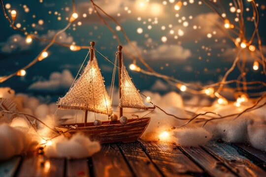 Toy boat adventure on wooden background with cotton clouds.