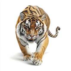 Fototapeta premium Majestic Bengal Tiger in Stride on a White Background, Capturing the Raw Power and Grace of One of Nature's Most Iconic Big Cats in Stunning Detail
