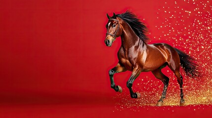 Fototapeta premium Majestic Brown Horse in Dynamic Motion Against Vibrant Red Background with Glittering Gold Particles Capturing the Essence of Freedom and Grace