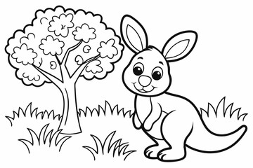 cute Kangaroo, some grass and a tree, coloring book