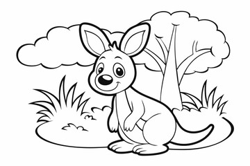 cute Kangaroo, some grass and a tree, coloring book