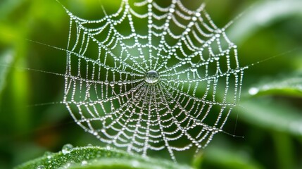 Naklejka premium Macro shot of a spiderweb glistening with dew, high resolution, intricate pattern, natural texture.