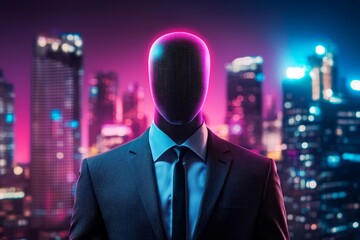 Fototapeta premium Futuristic Figure with Blank Face in a Sleek Suit Against a Neon City Skyline, Perfect for Modern Digital Art and Tech Concepts