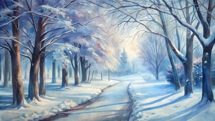 Serene winter landscape with snow-covered trees and path at dawn