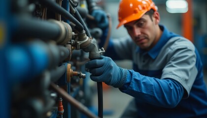 A factory worker in safety gear adjusts pipes in a large industrial environment, symbolizing labor, manufacturing, and technical work. The scene focuses on industrial expertise and precision.
