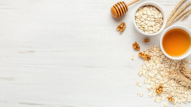 A healthy arrangement of oats, honey, and nuts on a rustic wooden surface, perfect for breakfast or nutritious snacks, promoting wellness and vitality.