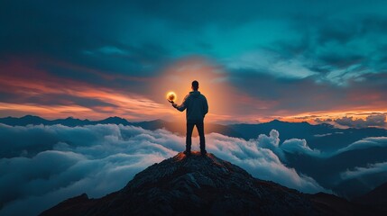 Obraz premium Mysterious Faceless Figure on Mountain Holding Glowing Orb at Sunset Over Clouds, Emanating a Sense of Wonder and Intrigue in a Dreamlike Landscape