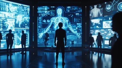 A silhouette of a human figure stands in front of futuristic screens displaying medical and anatomical data, creating a high-tech ambiance for healthcare or technology themes. AI generated.