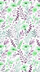 Floral pattern with green and purple watercolor flowers and leaves on white background