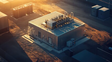 Comprehensive Power Generation Ecosystem: Professional Natural Gas Generator Installation Under Crisp Daylight from Overhead Drone Perspective, Highlighting Technical Precision and Industrial Scale.