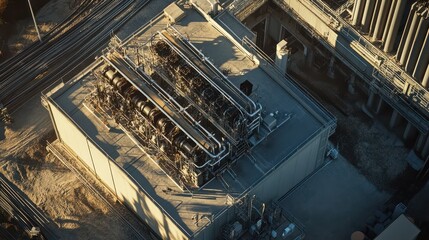 Comprehensive Power Generation Ecosystem: Professional Natural Gas Generator Installation Under Crisp Daylight from Overhead Drone Perspective, Highlighting Technical Precision and Industrial Scale.