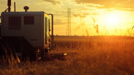 Remote Agricultural Power Generation: Robust Generator in Open Farmland at Sunset, Showcasing Professional Agricultural Technology in a Warm Industrial Atmosphere.