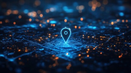 glowing location pin over a digital cityscape with lights.