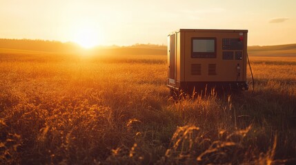Remote Agricultural Power Generation: Robust Generator in Open Farmland at Sunset, Showcasing Professional Agricultural Technology in a Warm Industrial Atmosphere.