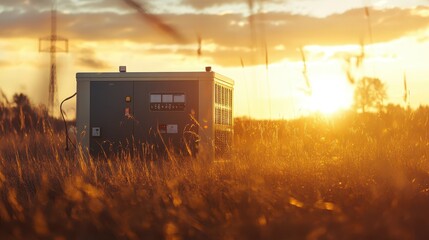 Remote Agricultural Power Generation: Robust Generator in Open Farmland at Sunset, Showcasing Professional Agricultural Technology in a Warm Industrial Atmosphere.