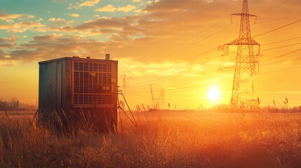 Remote Agricultural Power Generation: Robust Generator in Open Farmland at Sunset, Showcasing Professional Agricultural Technology in a Warm Industrial Atmosphere.
