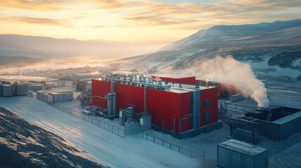 Aerial View of Ultra-Detailed Container-Based Generator System at Remote Arctic Site: Rugged Terrain and Precision Engineering in Early Morning Light.