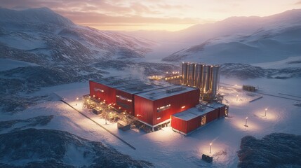 Aerial View of Ultra-Detailed Container-Based Generator System at Remote Arctic Site: Rugged Terrain and Precision Engineering in Early Morning Light.