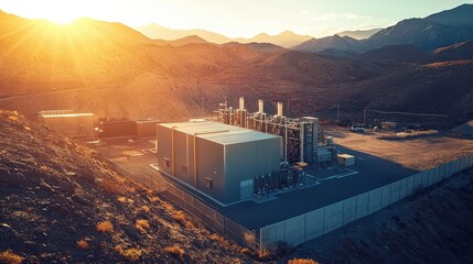 Ultra-detailed aerial view of a stationary diesel generator installation at a remote power plant during golden hour, showcasing industrial landscape and precision engineering against mountains.
