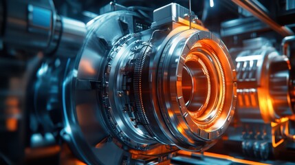 Dramatic Close-Up of a Hydro Electric Generator Interior: Illuminated Mechanical Intricacies in an Underground Power Station, Showcasing Industrial Engineering Precision.