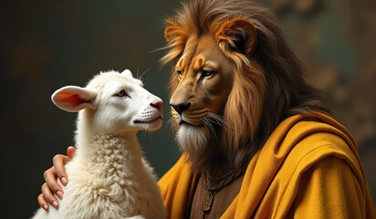 Fototapeta premium jesus christ depicted biblical art lion lamb symbolizing divine nature humanity