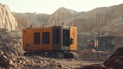 Ultra-realistic close-up of a portable generator in a harsh desert mining site: Industrial durability and technical specifications showcased in ground-level detail.