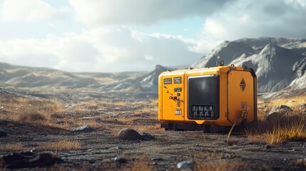 Ultra-realistic close-up of a portable generator in a harsh desert mining site: Industrial durability and technical specifications showcased in ground-level detail.