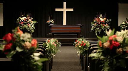 Church altar with cross, flowers, and rows.