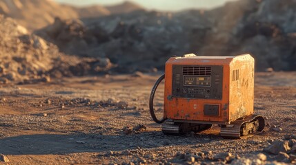 Ultra-realistic close-up of a portable generator in a harsh desert mining site: Industrial durability and technical specifications showcased in ground-level detail.