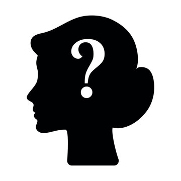 Icon of a woman's head with a question mark. Finding solutions to problems. Psychology. Business. Brainstorming.
