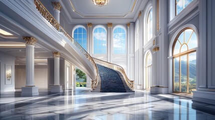 Obraz premium Luxurious Spacious Foyer with Elegant Marble Flooring and Grand Staircase Featuring Stunning Architectural Details and Abundant Natural Light