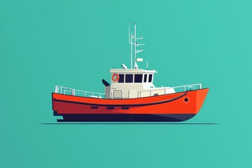Naklejka premium Stylish illustration of a bright red tugboat on a minimalistic turquoise background
