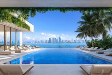 Fototapeta premium Modern Tranquil Poolside Retreat Overlooking City Skyline with Clean Lines and Lush Greenery Illuminated by Bright Blue Sky and Scenic Waterfront View