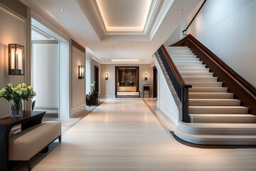 Obraz premium Elegant Transitional Foyer Blending Modern and Classic Elements with Stylish Staircase and Natural Light in a Luxurious Interior Space