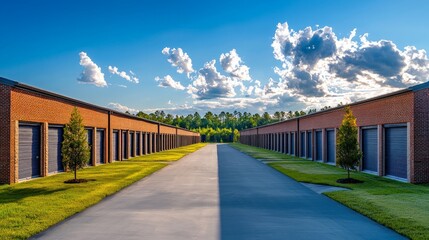Fototapeta premium Panoramic View of a Self Storage Facility Featuring Clean Units, Lush Green Grass, and Beautiful Sky with Fluffy Clouds Under Bright Sunlight