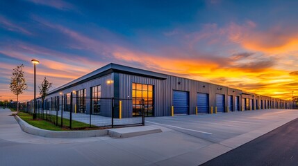 Wide Angle View of an Urban Self Storage Lot at Sunset with Vibrant Colors and Modern Design, Capturing the Essence of Organized Space and Urban Living