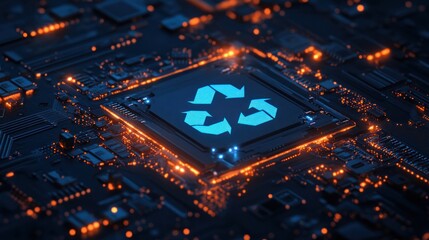 digital circuit board featuring a glowing recycling symbol, emphasizing technology and sustainability.