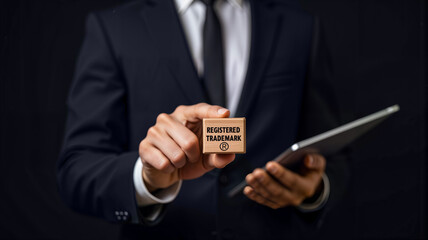 A businessman holds a "REGISTERED TRADEMARK" stamp while displaying a tablet, illustrating the concept of brand protection and legal registration. Ideal for business, legal, and marketing materials