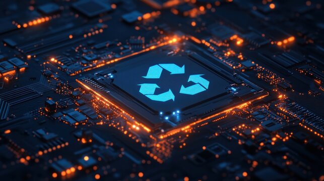digital circuit board featuring a glowing recycling symbol, emphasizing technology and sustainability.