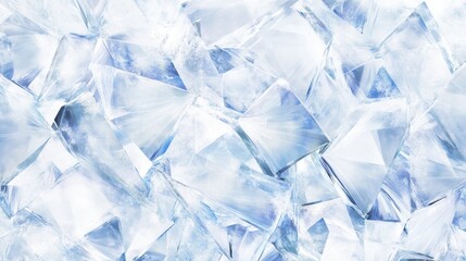 Abstract composition featuring shattered crystal fragments with sharp, angular edges in icy tones of blue, silver, and white. Reflective surfaces and soft glows evoke a futuristic aesthetic.