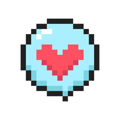 Speech bubble with red heart 8-bit icon, Speech bubble pixel art item.