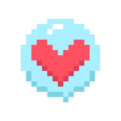 Speech bubble with red heart pixel art icon.