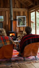 Fototapeta premium Couple enjoying a cozy evening by the fireplace, wrapped in blankets and sharing heartfelt moments