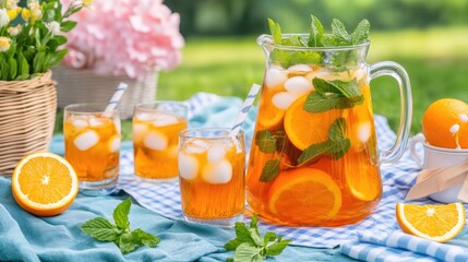Refreshing Summer Citrus Beverage with Fresh Mint Leaves Served in a Glass Pitcher with Ice and Vibrant Orange Slices on a Picnic Blanket Outdoors