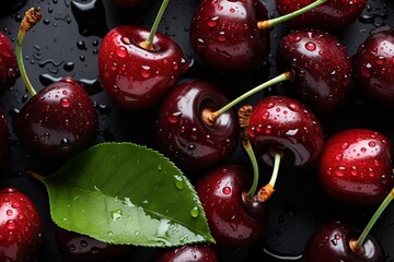 Cherry pile with leaf and water drops on black table Ripe red cherries Top view Rustic fruit background