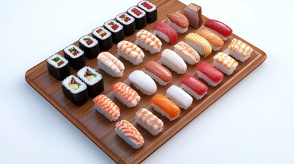 An Impressive Arrangement of Various Sushi Types on a Decorative Wooden Platter Showcasing Traditional Japanese Cuisine and Culinary Artistry