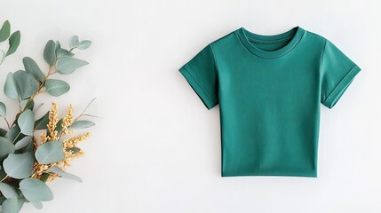 Soft Green Short-Sleeve T-Shirt Laid on White Surface with Eucalyptus Leaves and Yellow Flowers for Fashion and Lifestyle Branding