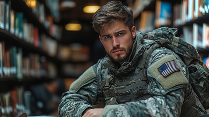 Veteran preparing for an important job interview in a quiet library setting