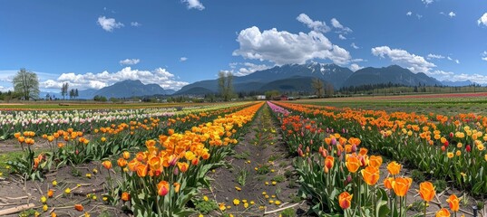 Vibrant tulip field blooming under a clear blue sky, signifying the joyous arrival of spring
